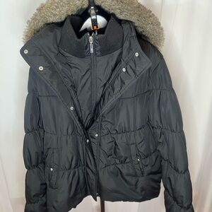 Faded Glory Black Women's Puffer Jacket with Faux Fur Trim Hood